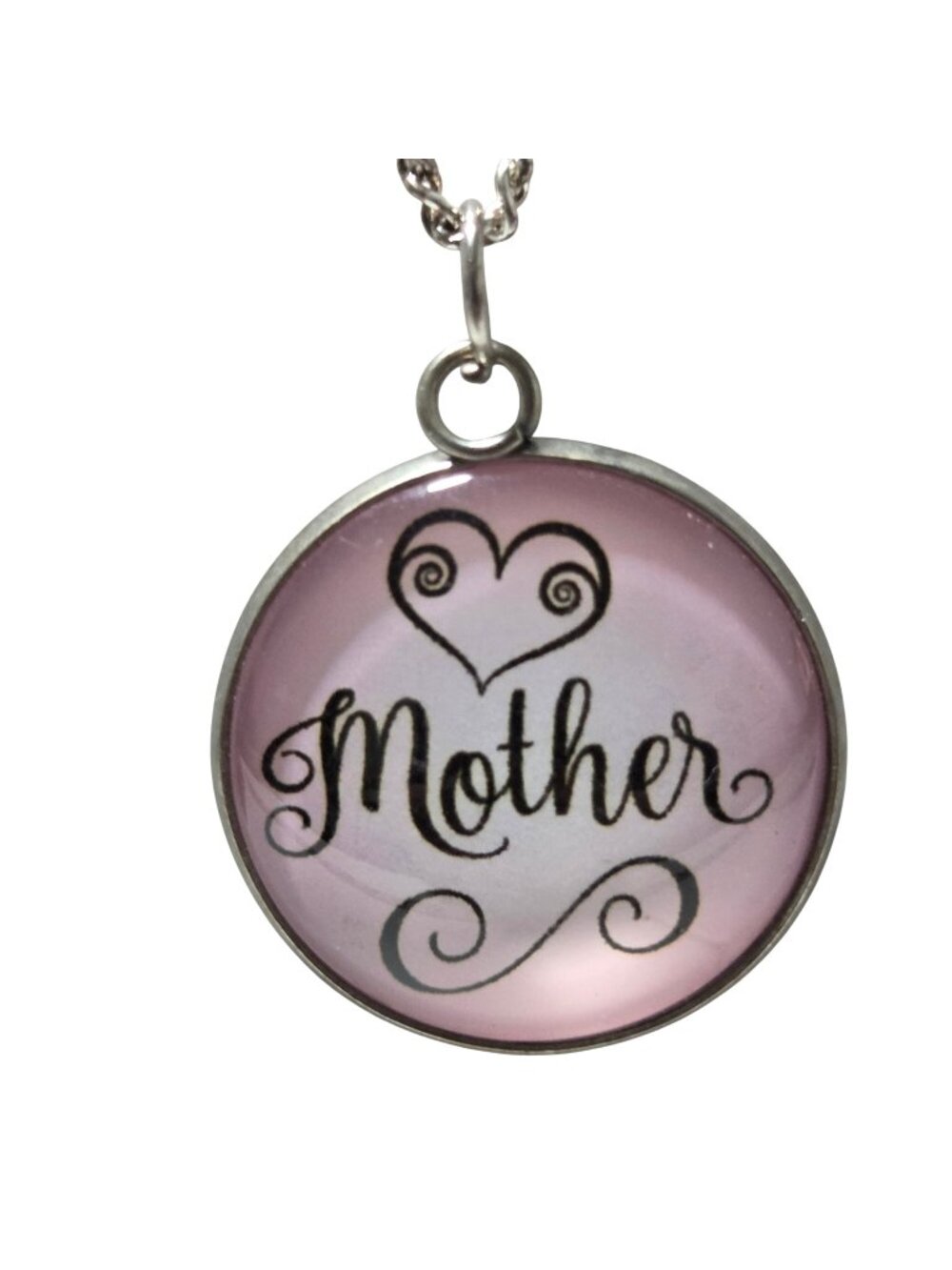 Mother Pendant Necklace Pink Glass Cabochon Charm Gift for Mom Fashion Jewelry